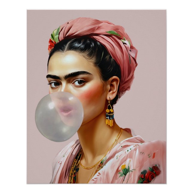 Póster Diva com cachecol floral soprando chiclete (Frente)