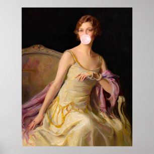 Poster Diva de chiclete em um vestido amarelo soprando um