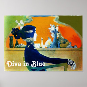 Póster DIVA EM AZUL / Beleza,Cabelo,Moda Art Nouveau