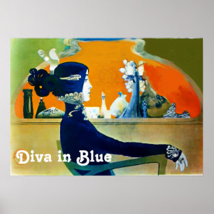 Póster DIVA EM AZUL / Beleza,Cabelo,Moda Art Nouveau