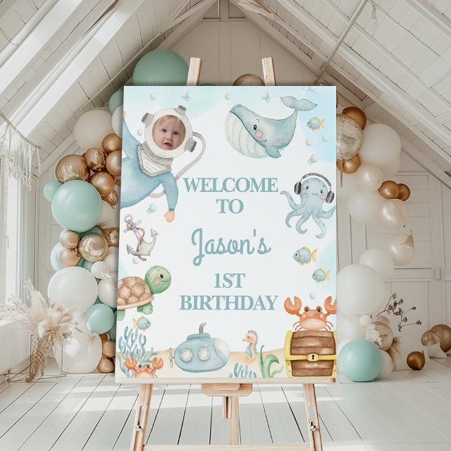 Póster Diver Blue Oneder Sea primeiro aniversario Sinal d (Under The Sea 1st Birthday Welcome Sign, Diver Photo Boys Oneder the Sea 1st Birthday Welcome Sign)
