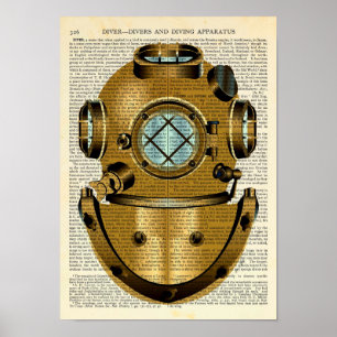 Poster Diver Helmet Diving Náutico Vintage - Dicionário