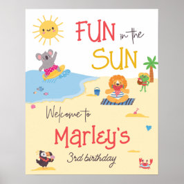 Poster Diversão ao Sol Animais de Praia Aniversário Bem-v