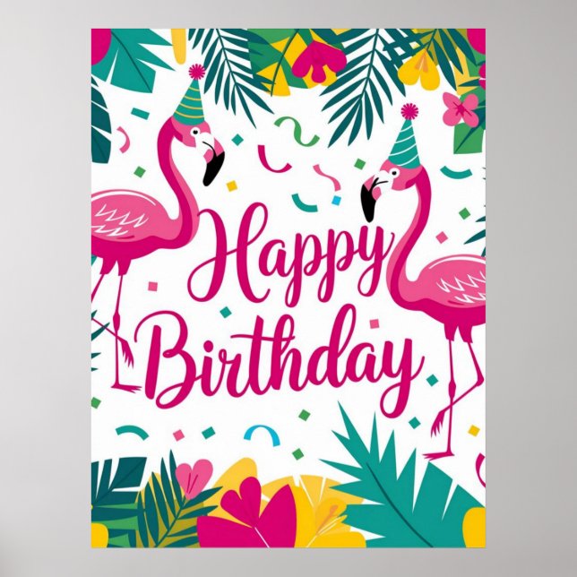 Poster Diversão Tropical Flamingo Birthday Design (Frente)