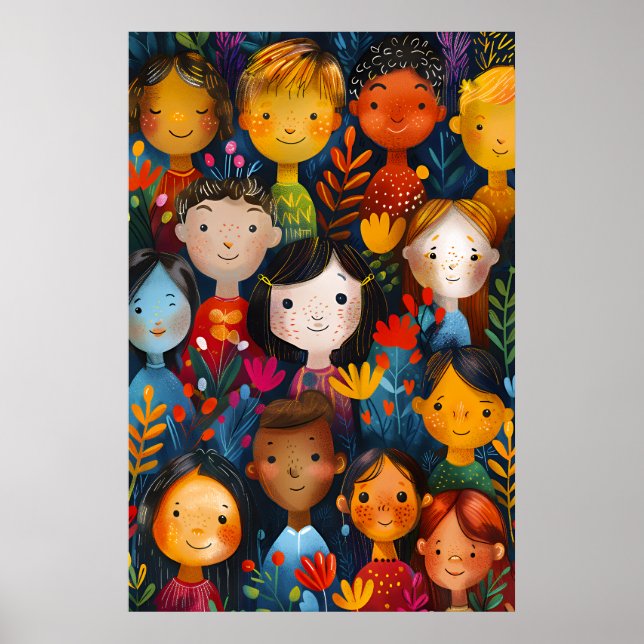 Poster Diverse Happy Children Floral Pattern Illustration (Frente)