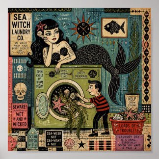 Poster Divertida Sereia Surrealista do Meio do Século Dia