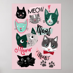 Poster Divertido pôster de rostos de gato fofos para quar