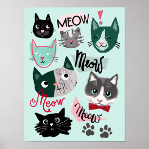 Poster Divertido pôster de rostos de gato fofos para quar