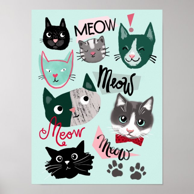 Poster Divertido pôster de rostos de gato fofos para quar (Frente)