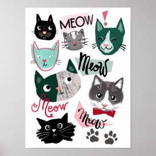 Poster Divertido pôster de rostos de gato para quarto de