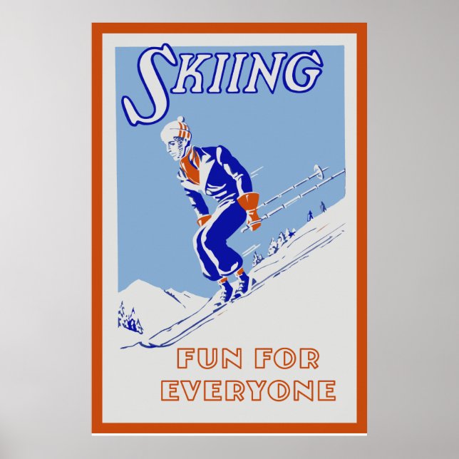 Póster Divertimento com esqui retrô para todos (Frente)