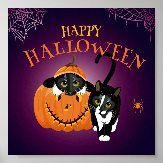 Poster Divertimento de gato no Halloween brincando com os (Frente)