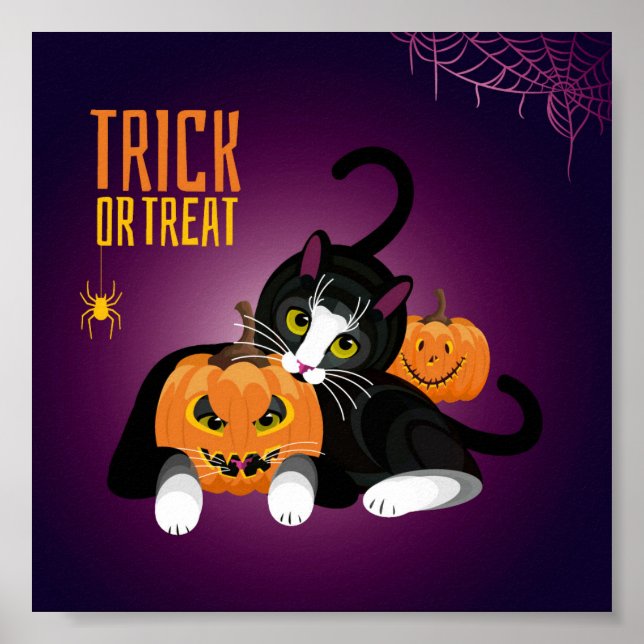 Poster Divertimento de gato no Halloween brincando com os (Frente)