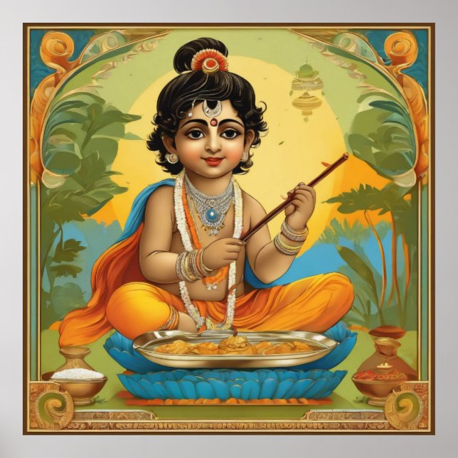 Poster Divino Lord Krishna na infância com flauta (Frente)