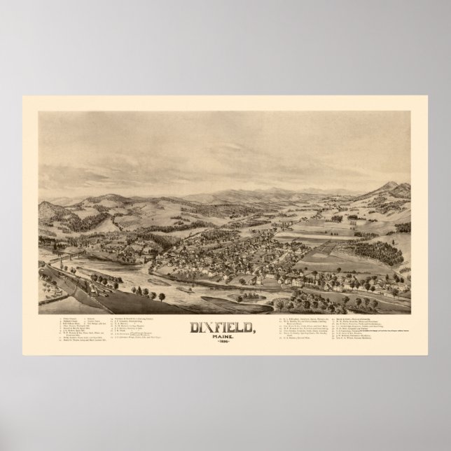 Poster Dixfield, Mapa Panorâmico ME - 1896 (Frente)