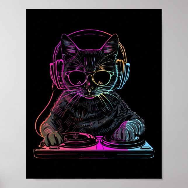 Poster Dj Cat Edm Techno House Música Engraçada Cat Lover (Frente)
