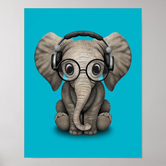 Póster Dj de elefante bebê personalizável com Fones de ou (Frente)