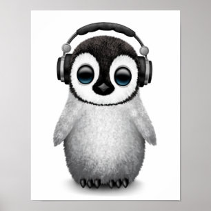 Póster Dj de Pinguim-Bebê Cute Personalizável com Fones d