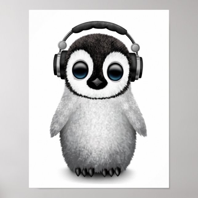 Póster Dj de Pinguim-Bebê Cute Personalizável com Fones d (Frente)