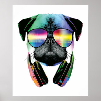Poster Dj Pug Com Óculos De Sol E Música De Fones de ouvi