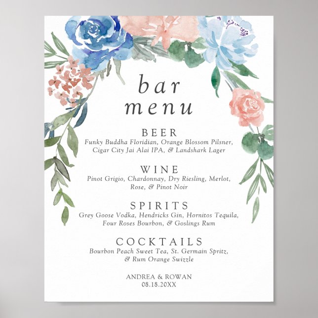 Poster do Bar de Casamento Floral Dusty Blue e Pin (Frente)