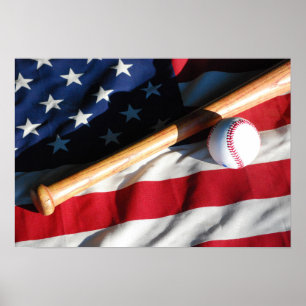 Poster do basebol, do bastão e da bandeira