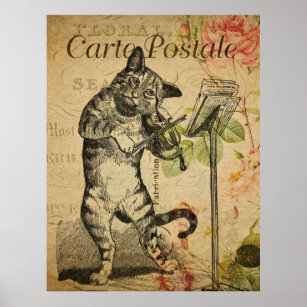 Poster do Cartão-postal francês Cat e Fiddle Vinta