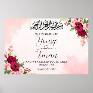 Poster do Casamento Islâmico Vermelho e Rosa Rosa