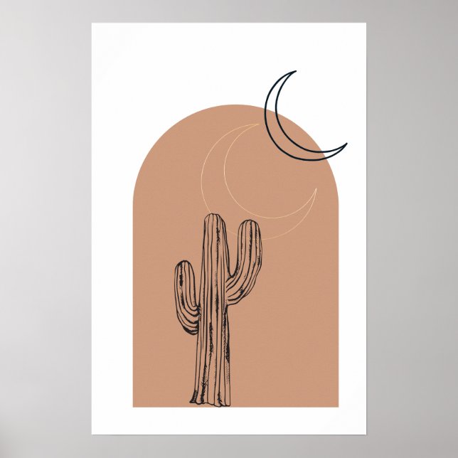 Poster do Deserto de Cactus com Arte de Linha Mini (Frente)