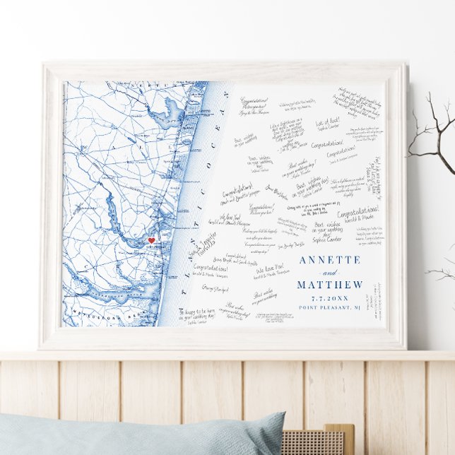 Poster do Livro de Convidado do Mapa de Casamento  (Point Pleasant NJ Map Wedding guest book poster in elegant navy blue from Coastal Map Designs)