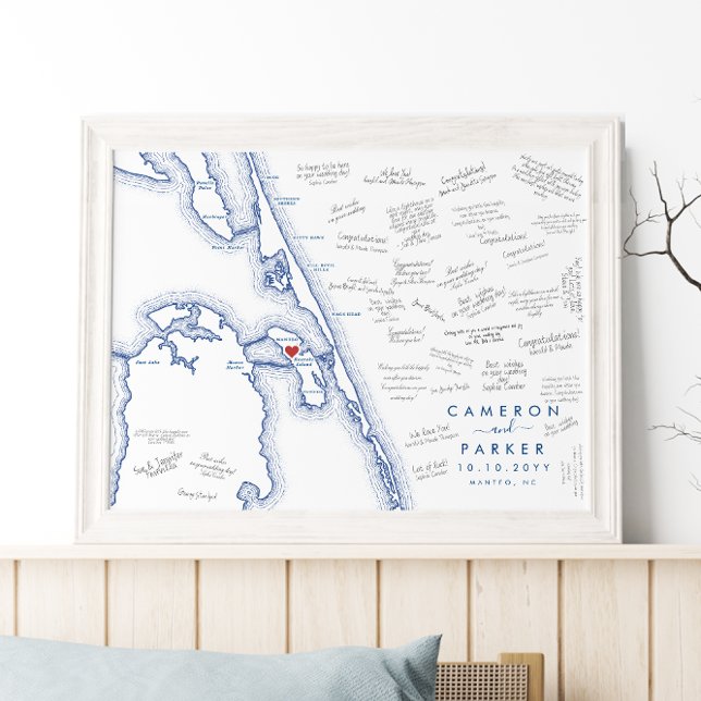 Poster do Livro de Convidado Moderno para Casament (Manteo NC alternative wedding guest book poster with elegant navy blue Outer Banks OBX map)