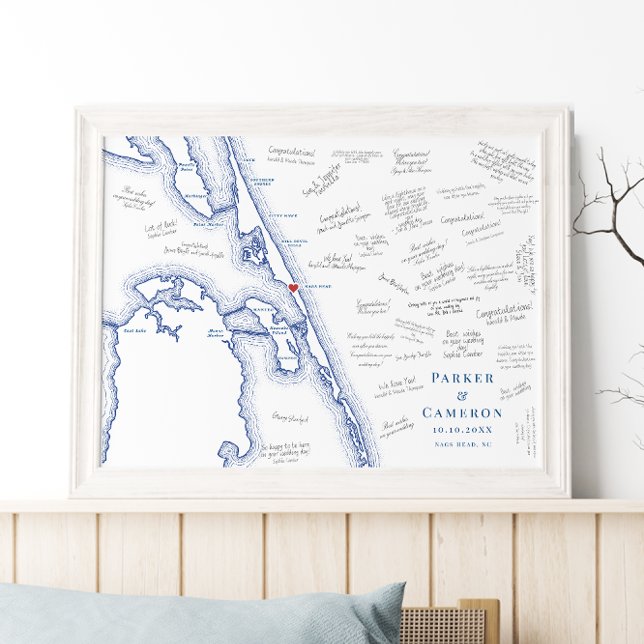 Poster do Livro de Convidados do Nags Head NC Map  (Nags Head NC Map Alternative Guest Book Poster for an Outer Banks Beach Wedding in elegant navy blue)