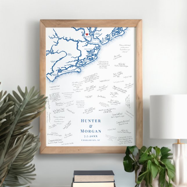 Poster do Livro Guest do Mapa Elegante de Casament (Charleston SC map alternative wedding guest book poster with elegant navy blue South Carolina map)