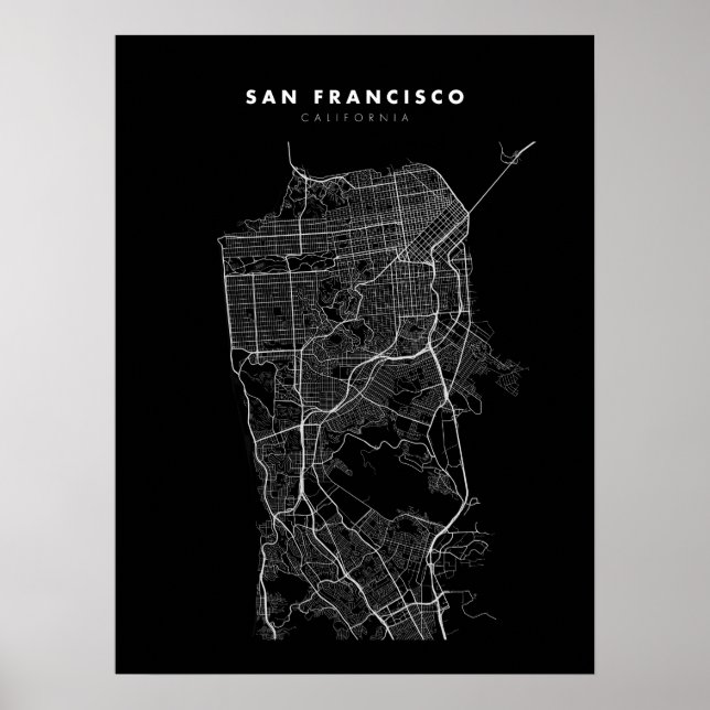 Poster do Mapa de São Francisco, preto e branco (Frente)