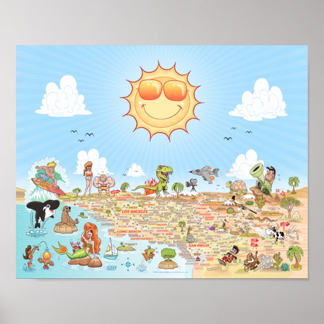 Poster do Mapa do Cartoon do Sul da Califórnia (Frente)