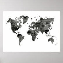 Poster do Mapa do Mundo Negro e Branco