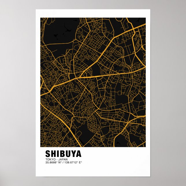 Poster Do Mapa Shibuya - Mapa Preto E Ouro De Tóqu (Frente)