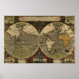 Poster do Mapa Vintage - Mapa Mundial Hondius 1595