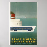 Poster do Orient Express Train Ferry Art<br><div class="desc">Reprodução de um poster de viagens Orient Express. Descreve uma ideia para uma balsa de trem,  que nunca foi realizada. Estilo Maravilhoso de Arte Deco,  em aqua,  azul,  branco,  amarelo e uma chaminé vermelha no ferry.</div>