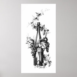 Póster Do vintage garrafa 1873 de vinho com uvas e folhas