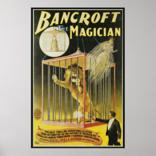Poster do vintage, mágico Bancroft e leão mágic