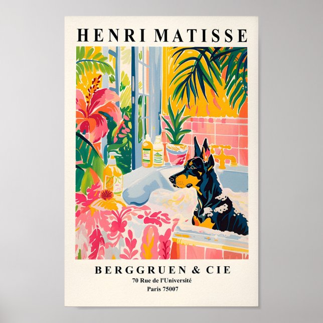 Poster Doberman Art Impressão, Tropical Bathroom Wall Art (Frente)