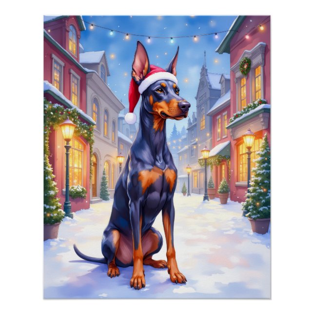 Póster Doberman Pinscher Snowy Village Santa Hat Christma (Frente)