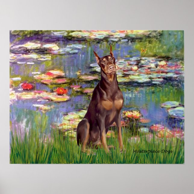 Poster Doberman Pinscher (vermelho) - Lírios 2 (Frente)