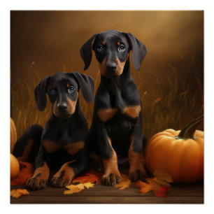 Póster Doberman Puppy Autumn Delight Pumpkin