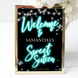 Poster Doce 16 Aniversário Teal Neon Glow Sinal de Boas-v