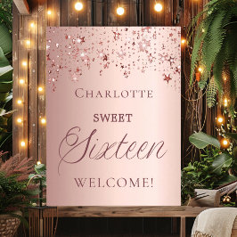 Poster Doce 16 estrelas em rosa dourado bem-vindas 