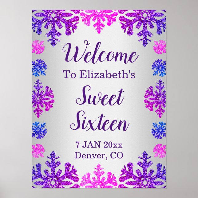 Poster Doce 16 Floco de Neve de inverno Aniversário (Frente)