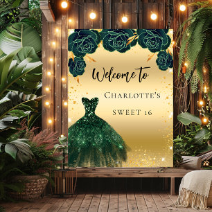 Poster Doce 16 flores de vestido de ouro verde bem-vindas