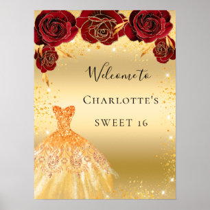 Poster Doce 16 glitter vermelho vestido floral bem-vindo